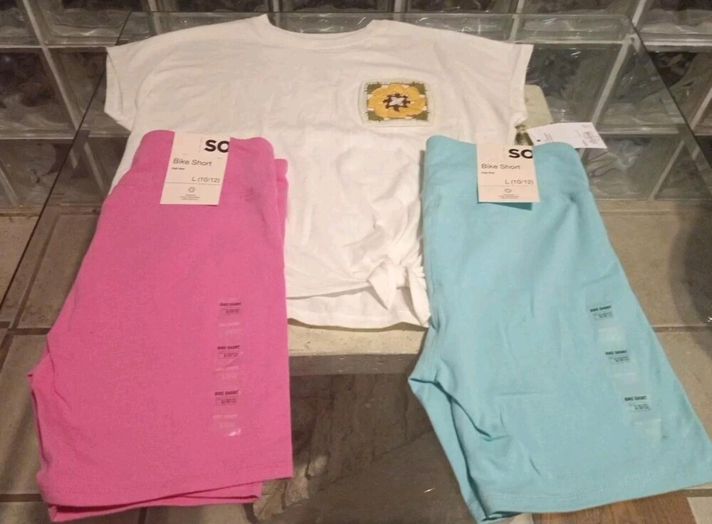 ** 3 Piece Girl’s So Fav Tee Pink Top 10-12 So Navy Knit Bike Shorts New NWT